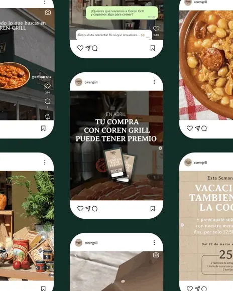 Animación de publicaciones de Coren Grill en un teléfono móvil.