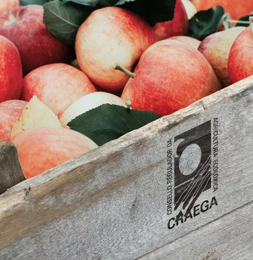 Manzanas ecológicas en una caja marcada con el sello de CRAEGA.