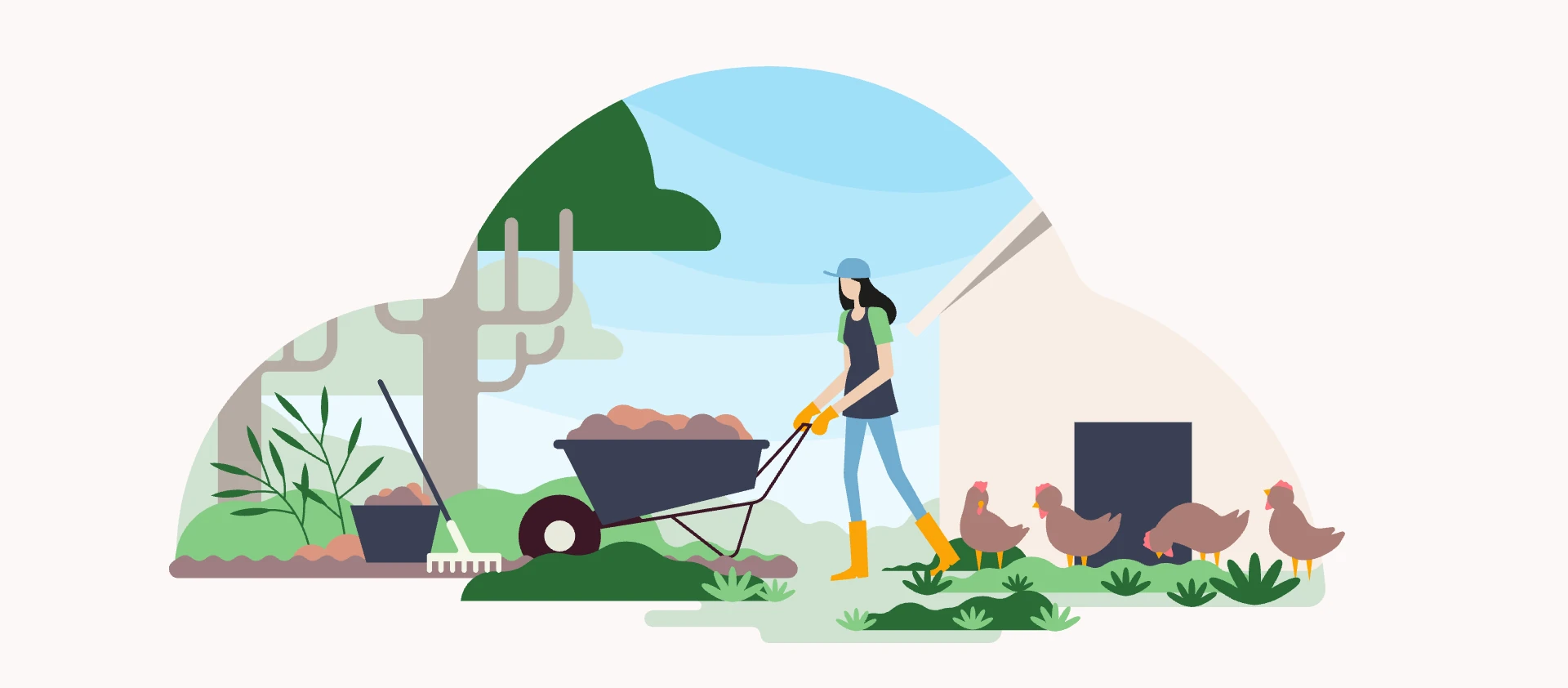 Ilustración de una agricultora trabajando la tierra junto a animales.
