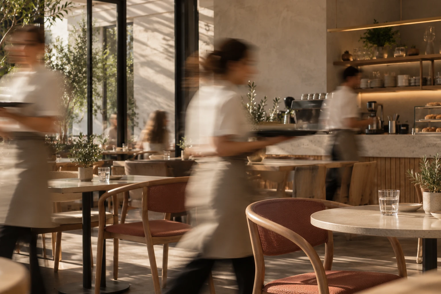 Interior de un restaurante con sillas de Ezpeleta y personal en movimiento.